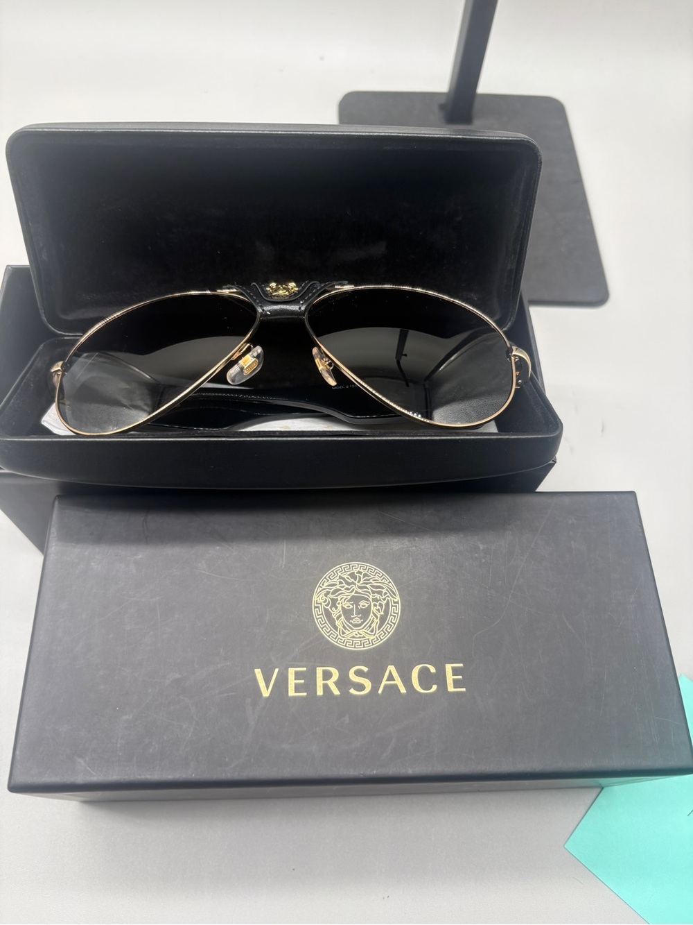 Versace Men's Gold Frame Black Lens Pilot Sunglasses